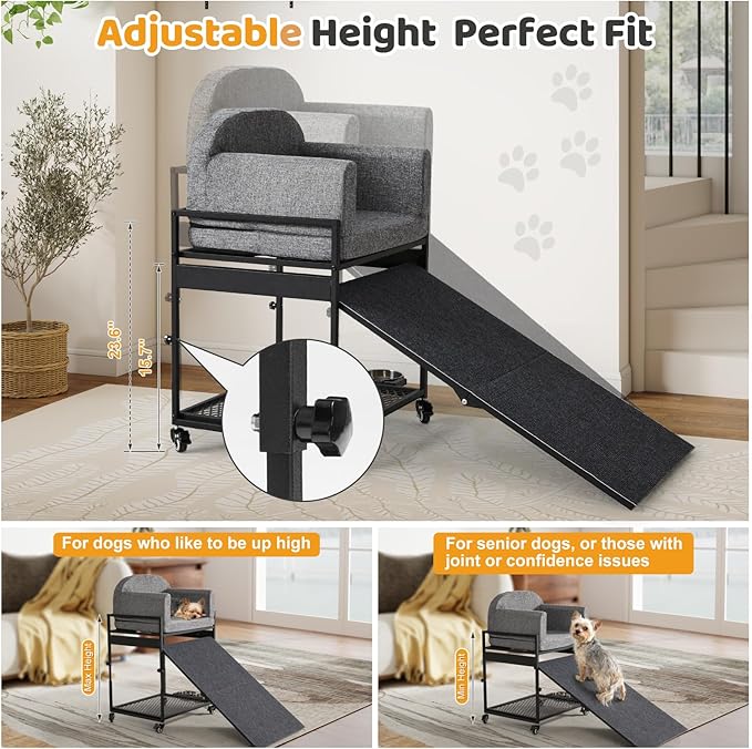 Dog Stairs Ramp, Seatmate Chairs for Dogs, Adjustable Two-Folded Extra Wide Seat Mate Chair Ramps, Non-Slip Dog Window Perch with Stairs for High Bed Window Office, Grey Ladder Perch, Load Capacity