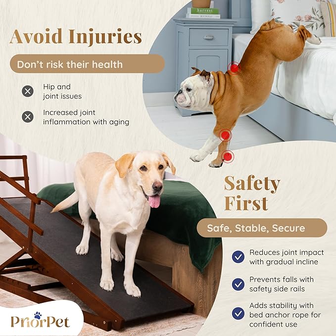 Dog Ramp for Bed with Safety Rails for High Beds up to 37" – Extra Wide 19.5" Adjustable Dog Bed Ramp for Large Dogs up to 200 lbs – Solid Birchwood, Non-Slip Rubber Surface, Foldable Design – Walnut