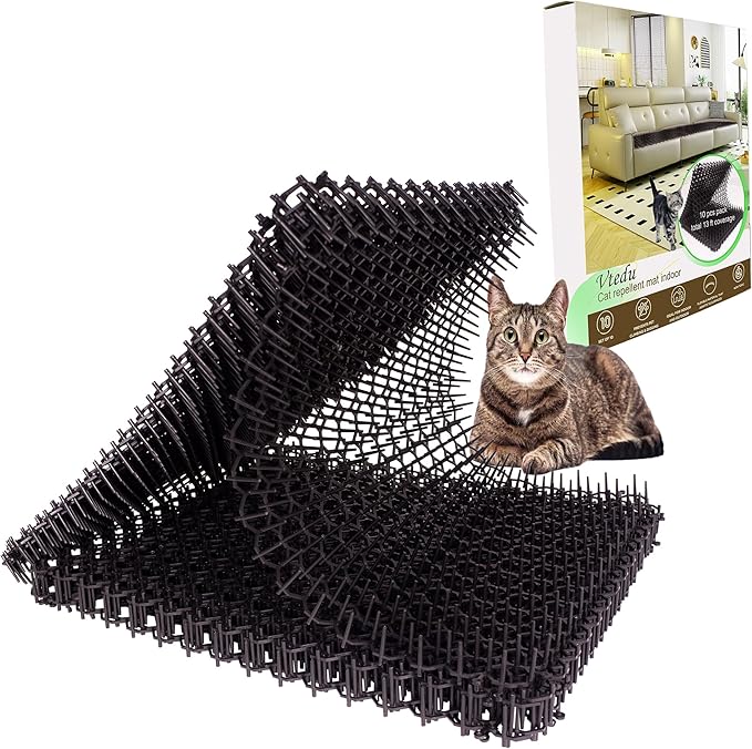 Cat Deterrent Mat 10 pcs Set, Plastic Grid Design Cat Repellent Mat 10 pcs Luxury Color Box Packaged, Anti Cat Mat, Anti Dog Scratch Mat with 1" Spike 13ft Coverage Cat Barrier