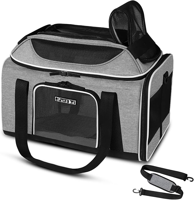 Petskd Top-Expandable Pet Carrier 18x11x11 Inches Delta American United Airline Approved, Soft-Sided Carrier for Small Cats and Dogs with Locking Safety Zippers and Anti-Scratch Mesh(Grey)