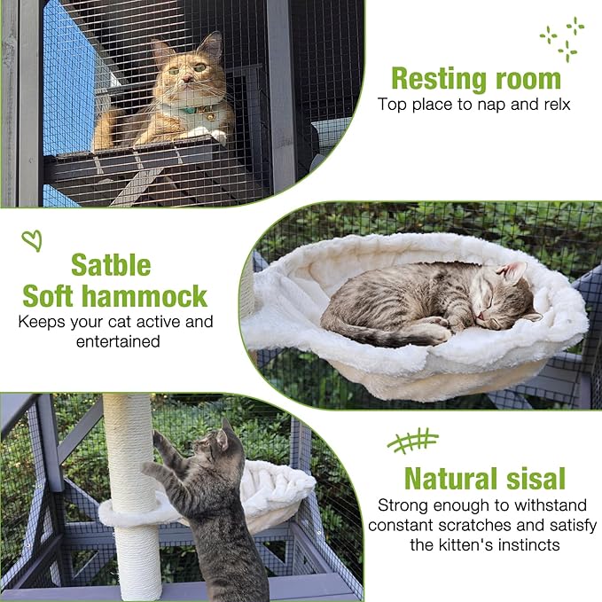 GUTINNEEN Catio Outdoor Cat Enclosure Mobile Cat House Indoor On Wheels with Scratch Post, Hammock, Resting Box, Platform, Tarp Roof 62.8", Grey