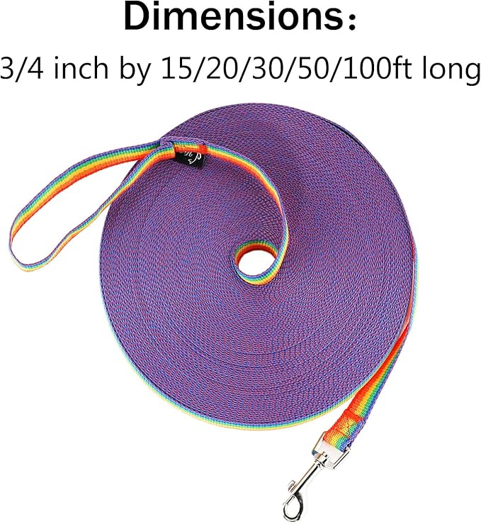 Hi Kiss Dog/Puppy Obedience Recall Training Agility Lead - 15ft 20ft 30ft 50ft 100ft Training Leash - Great for Training, Play, Camping, or Backyard (50 Feet, Rainbow)
