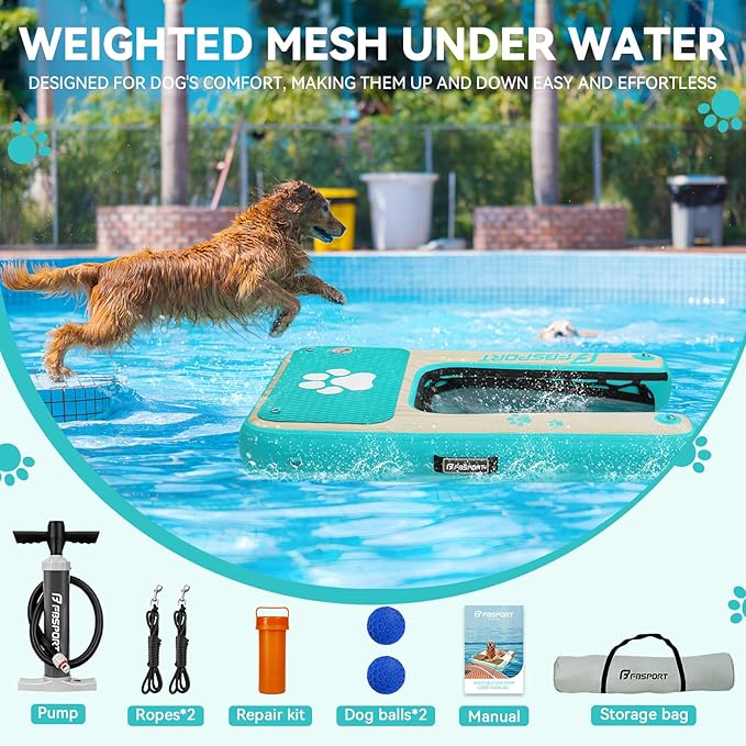 FBSPORT Inflatable Dog Boat Ramp Floating Dock Water Ladder for Pool, Boat, Non-Slip EVA Floating Ladder Pool Ramp for Dog Up to 220 LBs, Safe & Easy Access