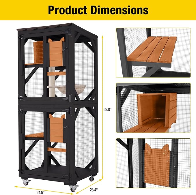 Aivituvin Catio Outdoor Cat Enclosure Wooden Cat Cage with Window Access Large Kitty House on Wheels 62.4’’ Indoor Patio Black