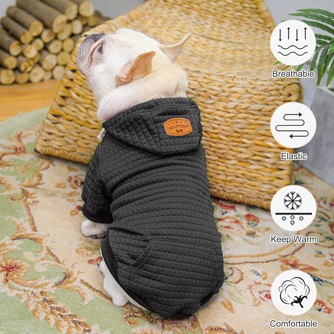 BEAUTYZOO Small Dog Hoodie Sweater with Pockets, Dog Clothes for Small Medium Dogs Boy Girl, Waffle-Like Laminated Cotton Pet Coats with Hat and Leash Hole, Black ML