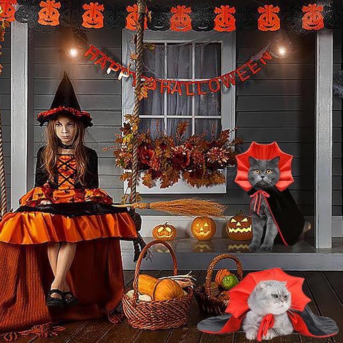 Cat Halloween Costumes, Adjustable Vampire Cape Cloak Accessories for Kitten & Small Dogs, Black Bat Cat Masks Cosplay,C at Outfits Suitable for Halloween, Costume Parties and Other Events