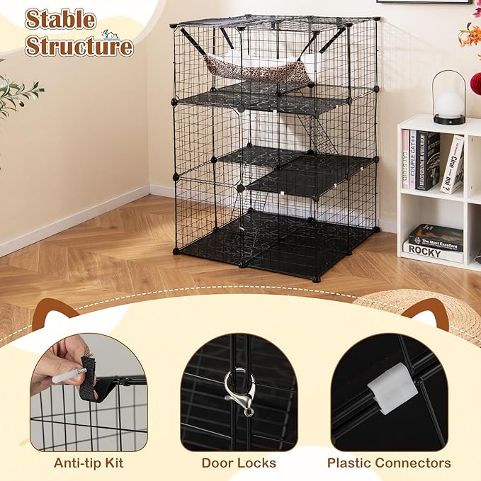 Tangkula Cat Cages Indoor, 3-Tier Cat Enclosure with Skylight, Extra Large Hammock, 2 Ladders, Detachable Metal Wire Kennel with 3 Lockable Doors, DIY Cat Crate & Pet Playpen Catio for 1-3 Cats Kitten