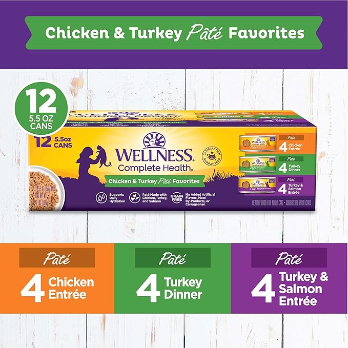Wellness Complete Health Pate Adult Wet Cat Food, Natural, Protein-Rich, Grain-Free, 5.5 Ounce , 12 Pack, (Chicken & Turkey Favorites Variety Pack)