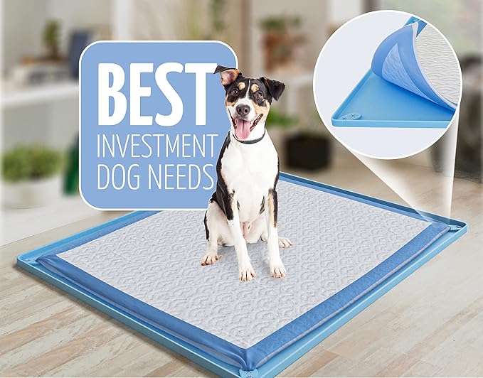 TidyFriend Dog Pee Pad Holder Tray Fits for 30” x 23” Pee Pads with Corner Lock Holes, Raised Edges, Non-Spill, Easy to Clean Silicone Dog Potty Tray Holder, for Indoor Floor Protection (Blue)
