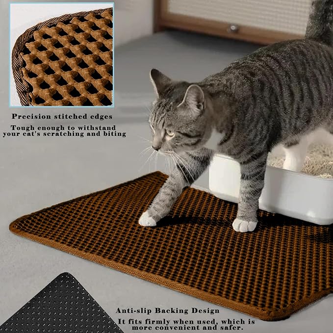 HCY&WLD Cat Litter Mat, Honeycomb Double Layer Cat Litter Trapping Mat, Waterproof Urine Proof Non-Slip, Scatter Control, Less Waste, Easier to Clean (Brown, 30" X 22")