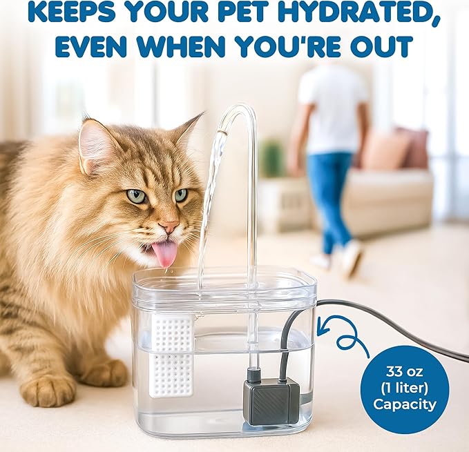 SunGrow Cat Water Fountain, Automatic Flowing Hydration Station with Filter & Silent USB Pump, Easy-to-Use Transparent Feeder Bowl for Indoor Felines, Ferrets, and Other Small Animals,6" x 5" x 5"