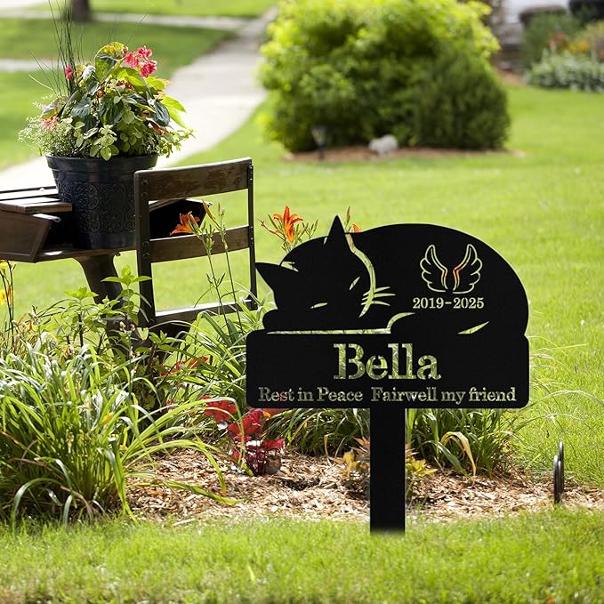 Custom Sleeping Cat Grave Marker Outdoor, Personalized Metal Cat Memorial Grave Stake with Name and Date, Outdoor Waterrproof Cats Memorial Plaque
