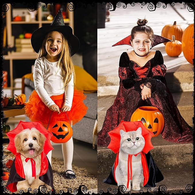 Cat Halloween Costumes, Vampire Cloak Cape Costume Clothes, Cat Bat Mask with Cloak, Red Black Pet Accessories Outfit Decor Cowl for Small Dogs, Halloween Party Pet Cosplay