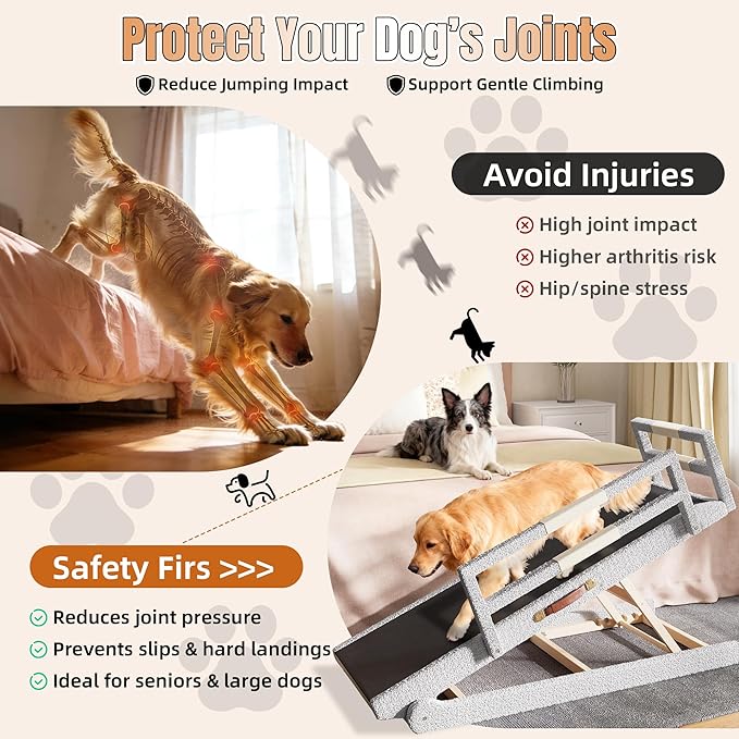 Dog Ramp for High Bed – 55" Extra-Long Wooden Pet Ramp with Soft Plush Fabric Cover & Safety Rails 16”–28”Adjustable Height for Tall Beds, Non-Slip Wide 17.7" Surface – Supports Large Dogs up