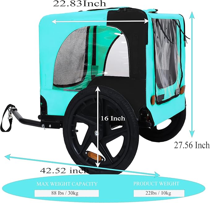 Heavy Duty Dog Bike Trailer with 16" All-Terrain Wheels & Universal Hitch, Foldable Pet/Cargo Carrier for Bicycles, Camping, Hiking