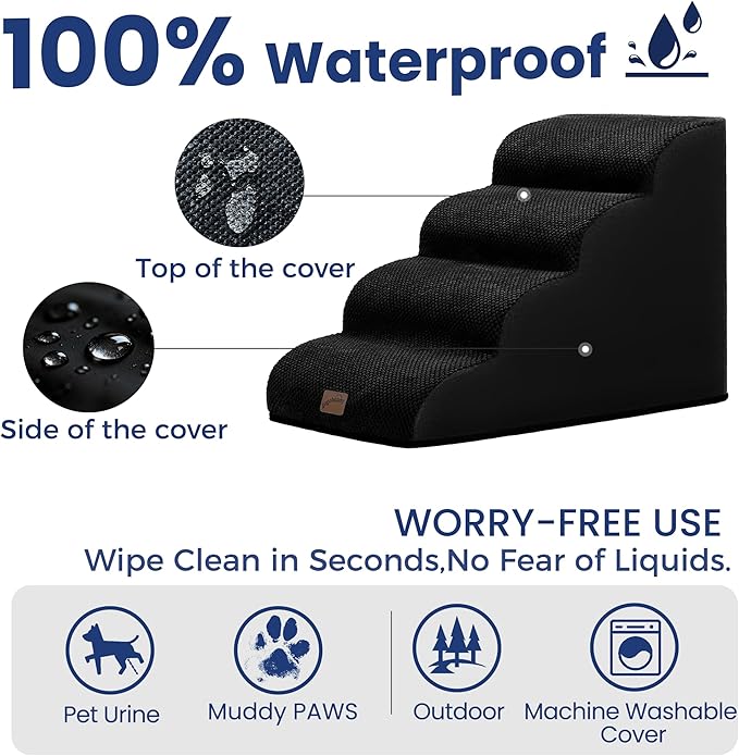 gogobunny Ramp Cat Dog Stairs for Beds, Cat Slope Stairs with Durable Waterproof Fabric Cover, Pet Steps for Old Large Dogs Climbing (Black, 4-Step (28.3" D x 15.7" W x 19.7" H), 4)