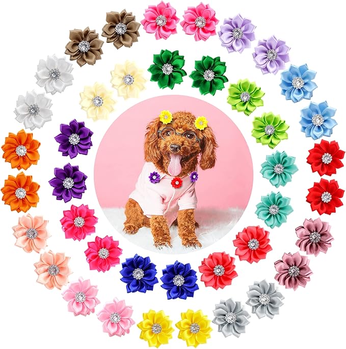 40Pcs Puppy Yorkie Dog Hair Bows Flower with Rubber Band,Pet Small Dog Girl Flower Christmas Hair Topknot Bowknot Hair Accessories Pet Grooming for Party Christmas Birthday