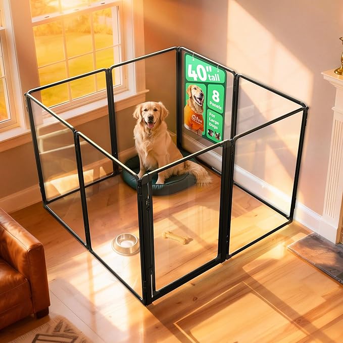 FXW AuraSpace Pro Metal & Acrylic Indoor Dog Playpen, All-Acrylic Clear Heavy-Duty Design, 40" Height 8 Panels for Medium and Large Dogs, Black│Patented
