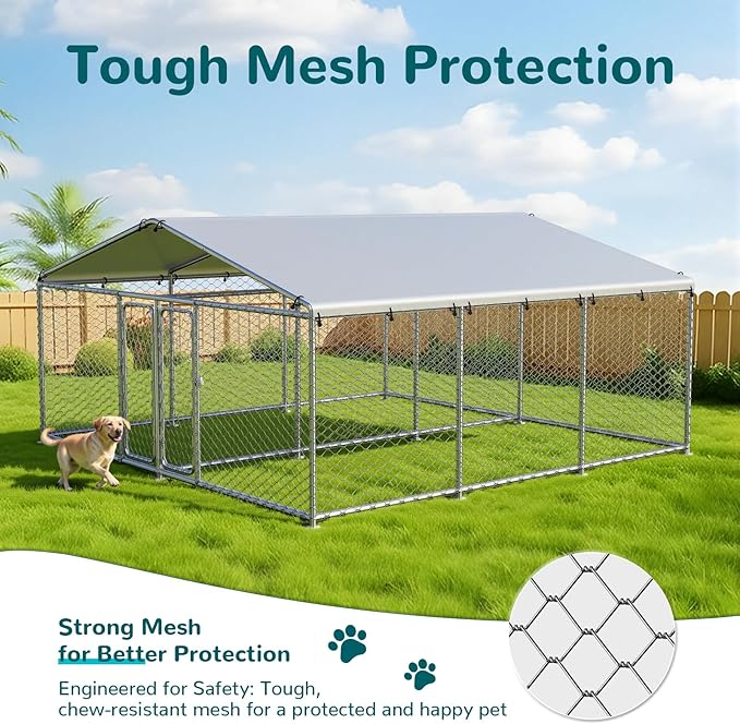 15x15 FT Large Outdoor Dog Kennel – Heavy-Duty Dog Enclosure with Wire Mesh Fence, Lock & Waterproof Cover, Double Doors for Large Dogs
