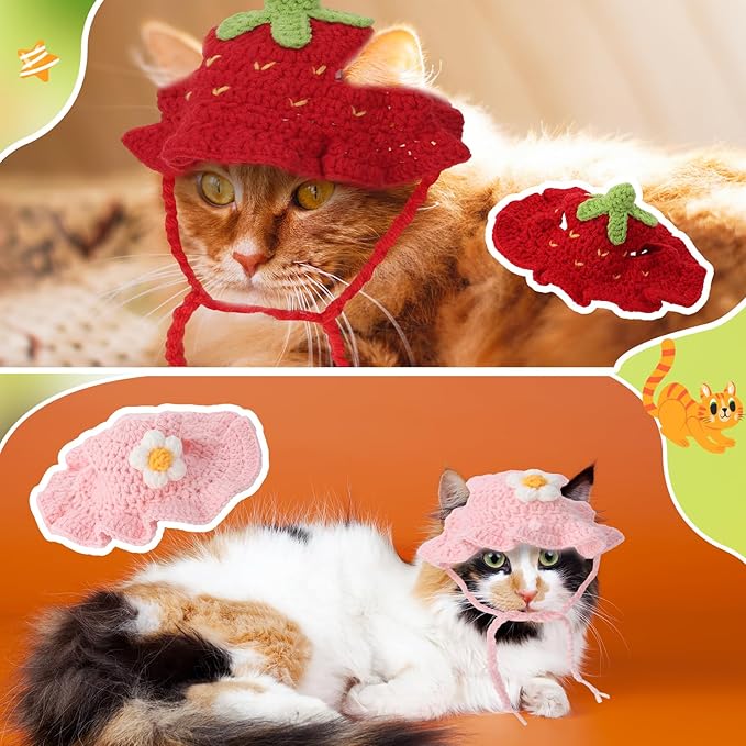 5 Pack Cute Knitted Cat Hats Dog Hats – Frog Strawberry Pink Flower Tiger Rabbit Funny Hat for Cats Dogs Small Pets Birthday Costume Accessories