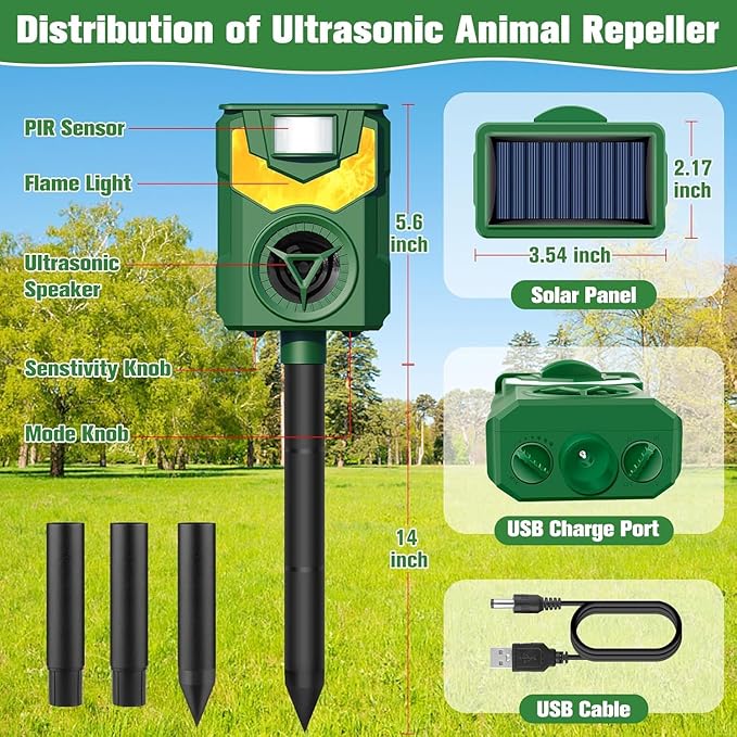 Solar Animal Repeller Outdoor,2025 Upgrade Ultrasonic Animal Repeller,Cat Repellent Outdoor,Squirrel Repellent with Motion Sensor & Flame Light,Waterproof Raccoon Repellent Devices,Repel,Deer,Rabbit