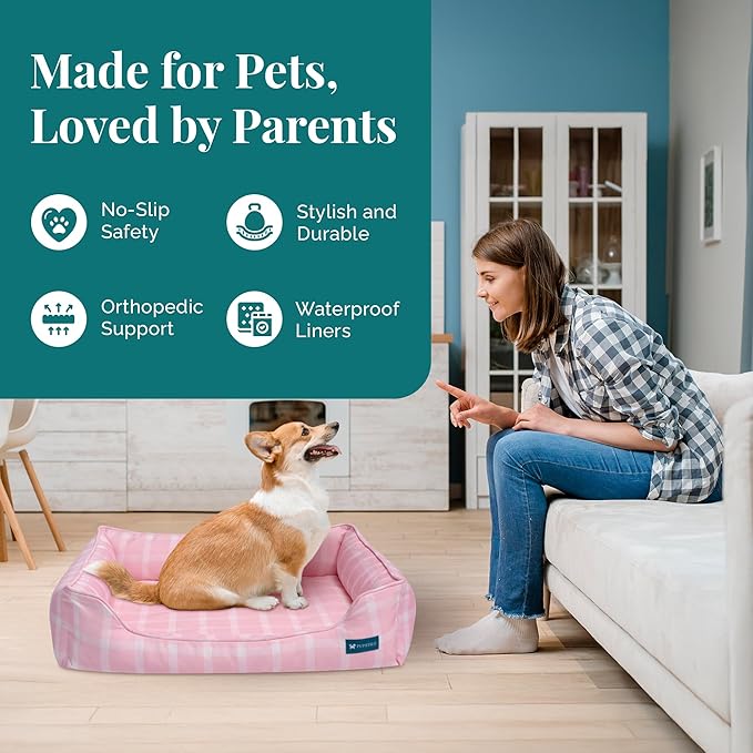 Orthopedic Bolster Dog Bed – CertiPUR-US Foam, Recycled Polyester Canvas, Washable Cover, Anti-Slip Bottom, Large, Pink Check – Stylish Designer Dog Sofa