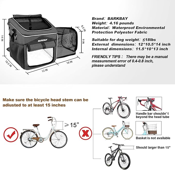 Dog Bike Basket Carrier, Expandable Foldable Soft-Sided Dog Carrier, 2 Open Doors, 5 Reflective Tapes, Pet Travel Bag,Dog Backpack Carrier Safe and Easy for Small Medium Cats and Dogs(Black)