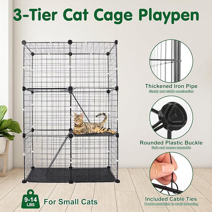 3 Tier Cat Cage, Indoor Cat Enclosures, DIY Cat Playpen Detachable Metal Wire Kennels Kitten Crate Cats House with 3 Doors 2 Ladders Large Exercise Place for 1-3 Cats/Kitten, 28"x14"x42"