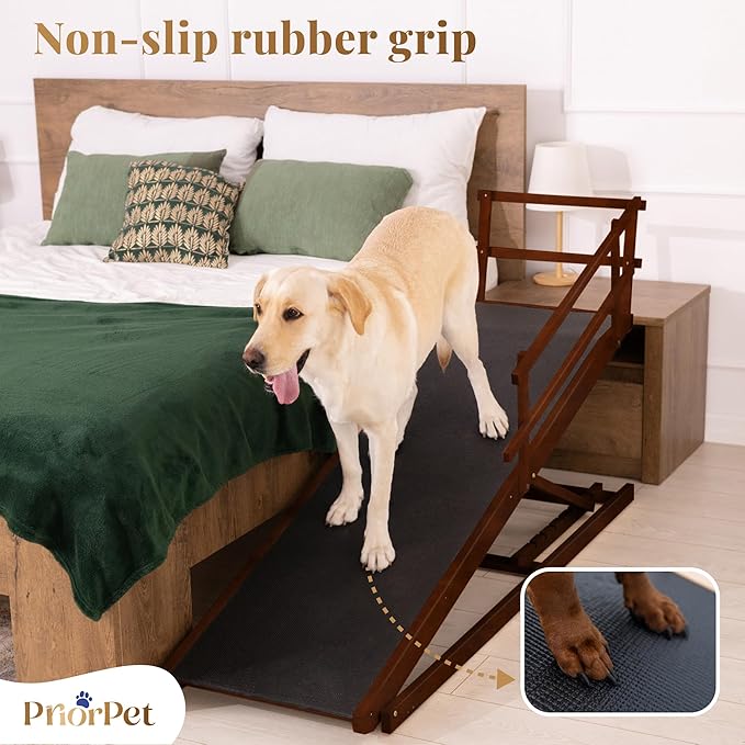 Dog Ramp for Bed with Safety Rails for High Beds up to 37" – Extra Wide 19.5" Adjustable Dog Bed Ramp for Large Dogs up to 200 lbs – Solid Birchwood, Non-Slip Rubber Surface, Foldable Design – Walnut
