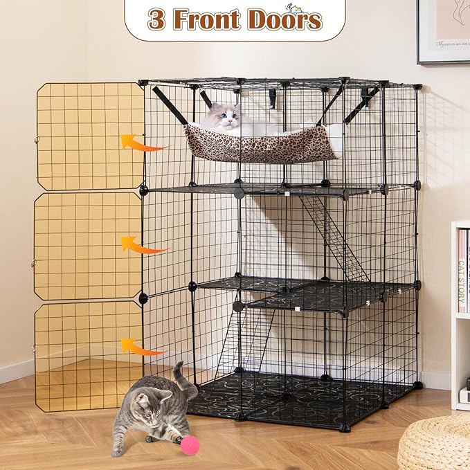 Tangkula Cat Cages Indoor, 3-Tier Cat Enclosure with Skylight, Extra Large Hammock, 2 Ladders, Detachable Metal Wire Kennel with 3 Lockable Doors, DIY Cat Crate & Pet Playpen Catio for 1-3 Cats Kitten