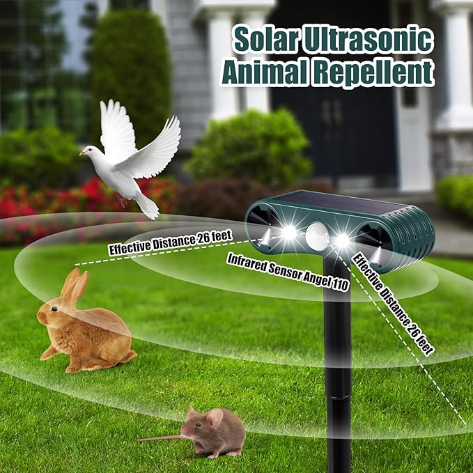 Qualirey 2 Pcs Solar Nocturnal Ultrasonic Light Animal Repeller Outdoor Deterrent with Pir Sensor Waterproof Deterrent Deer Repellent Devices to Repel Cat, Dog, Rabbit, Raccoon, Fox for Yard Garden