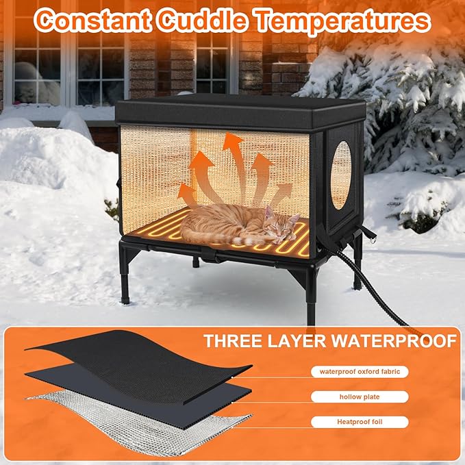 Heated Outdoor Cat House Weatherproof with Heating Pad, Heated Cats House for Outside, Insulated Feral Cat Houses for Outdoor Cats with Safe Escape Door, Elevated Outside Stray Cats Shelter(S)