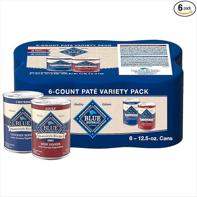 Blue Buffalo Homestyle Recipe Adult Wet Dog Food, Made with Natural Ingredients, Chicken and Beef Dinner Variety Pack, 12.5-oz Cans (6 Count, 3 of Each)