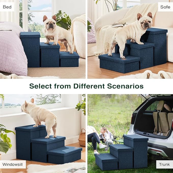 Love's cabin Dog Stairs with Storage, 3 Steps Wider Dog Steps for High Bed 18" H, Foldable Pet Stairs for Small Medium Large Dogs Cats for Bed Couch Car, Ramp with Zip up to 200 lbs, Navy Blue