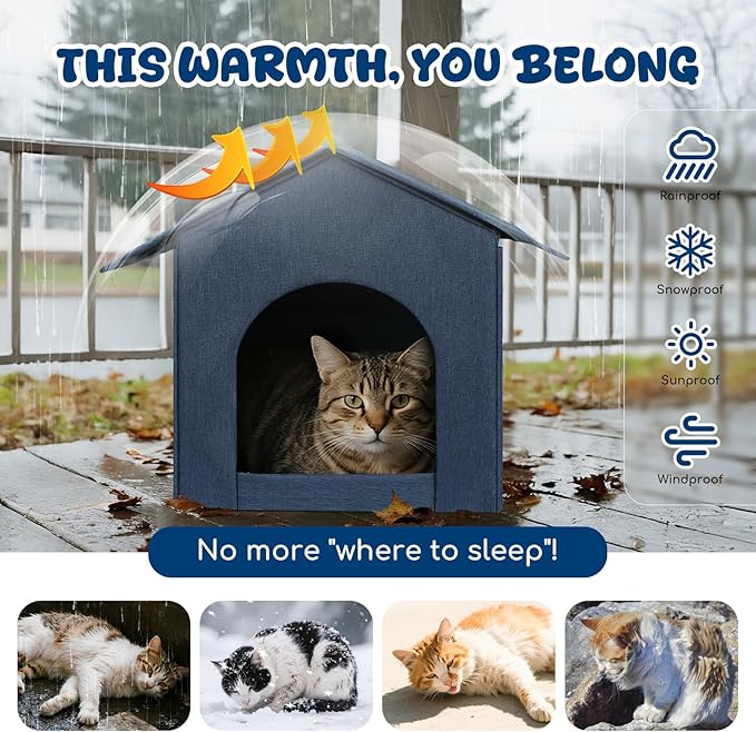Outdoor Cat House Weatherproof, Insulated Cat Dog Houses for Outdoor/Indoor Cats for Winter, Waterproof Feral Stray Cat Shelter with Warm Cushion for All Seasons, Easy to Assemble, Navy Blue