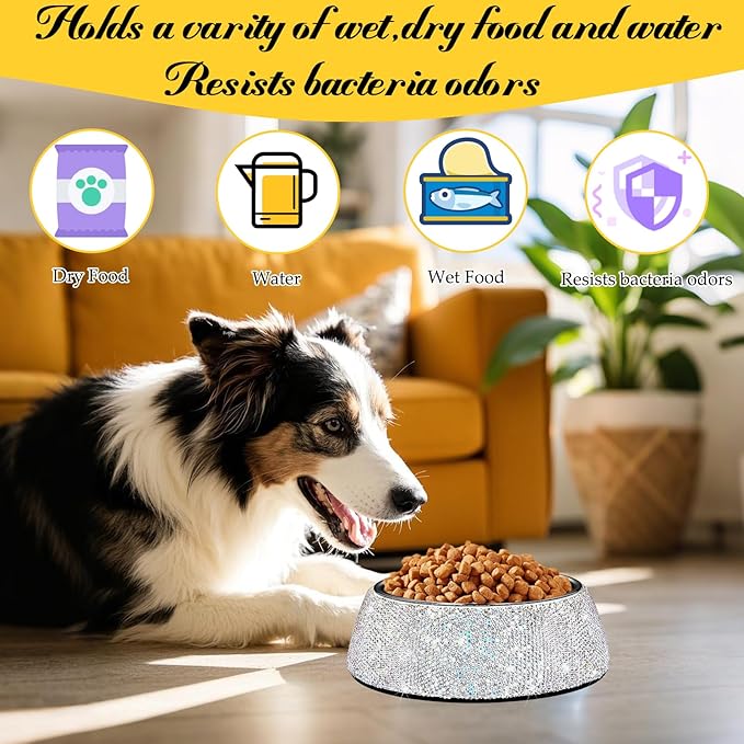 SlowVibes Bling Stainless Steel Dog Bowls,12oz Detachable Rhinestone Metal Food Water Bowl for Feeding Dogs Cats,Rust Resistant Non-Slip Puppy Dish,Sparkle Essentials for Small Medium Large Girl Pets