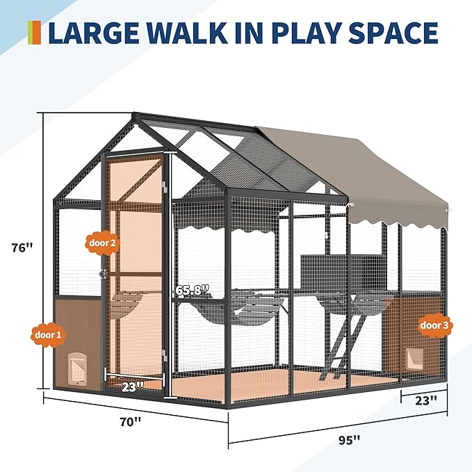Large Outdoor Cat Enclosure for Multiple Cats - Weatherproof Catio with UV Cover, Platform & Side Door