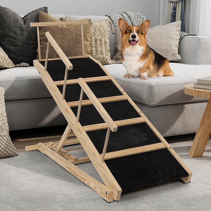 Dog Ramp for Bed PANTAZO Adjustable Ramps for Small Dogs to Get on Bed, Up to 28.5 Inches, 48'' Long,120lbs with Anti-Slip Grip & Safety Rail
