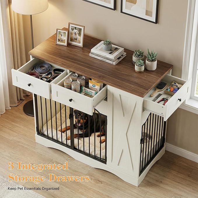 43.3" Furniture Style Dog Crate with 3 Storage Drawers, Heavy Duty Wood Pet Kennel with Removable Feeder, Modern End Table Dog House with Dual Doors for Large Dogs (41-70 lbs) (Brown)