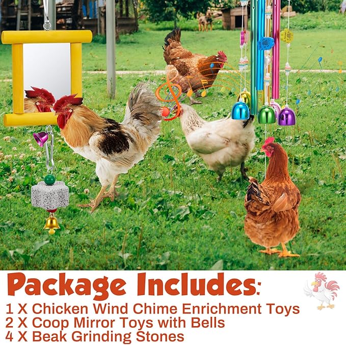 7 Pcs Chicken Toys, Hanging Chicken Wind Chime, 2 Pcs Coop Mirror Toys with Bells 4 Pack Beak Grinding Stones, Musical Coop Accessories for Hen Rooster Chick Poultry Birds(Yellow, Purple)