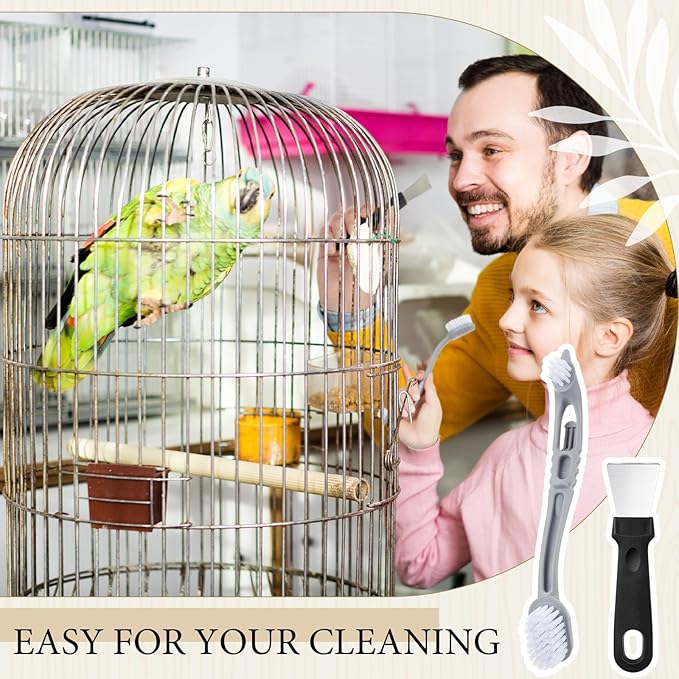 Bird Cage Cleaner with Two Brush Heads Stainless Steel Bird Droppings Cleaning Scraper Long Handle Tool for Cleaning Parrot Cages Pet Supply Cage Accessory
