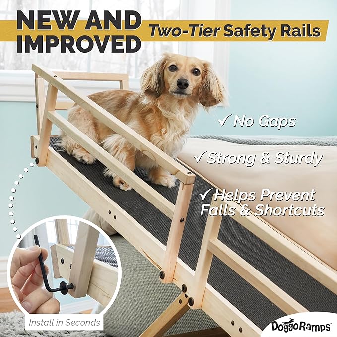 Dog Ramp for Bed, by DoggoRamps – Solid Hardwood Dog Ramp for High Beds (Adjustable up to 37" Tall) with Side Rails & Non-Slip Grip – Ramps for Small Dogs Like Dachshunds – 100% Made in North America