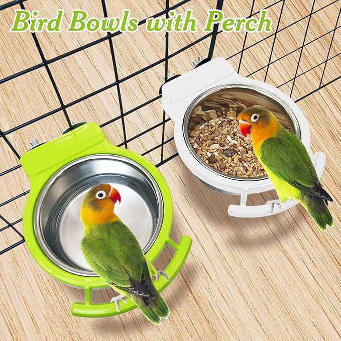 BNOSDM 2 PCS Bird Feeding Dish Cups with Perch Stand Hanging Stainless Steel Bird Bowls Food Container Food and Water Bowls with Spoon for Budgie Cockatoo Finch Lovebirds Pigeons (Green&White)