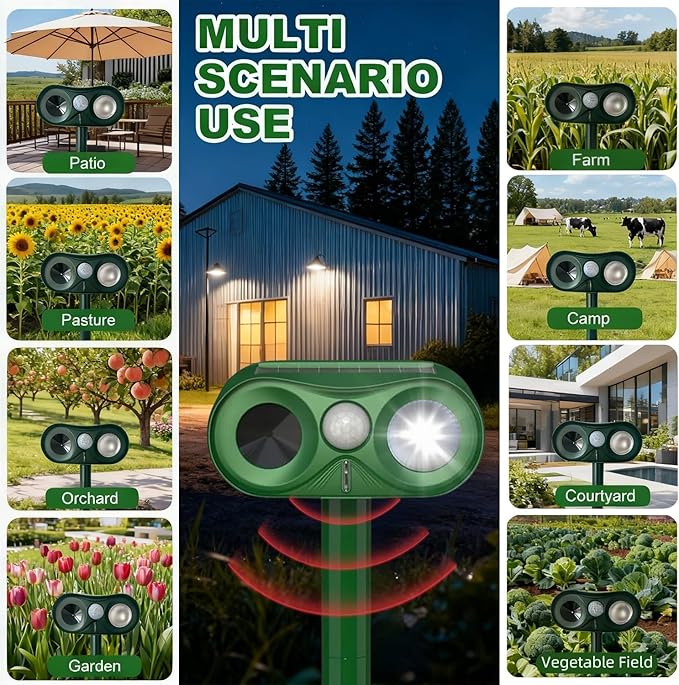 Upgraded Ultrasonic Animal Repeller,Solar Powered Cat Repellent Outdoor,Deer Deterrent with LED Flashing Motion,Sensor and Sound,Waterproof Bird Repeller for Rabbit,Fox,Squirrel,Olive