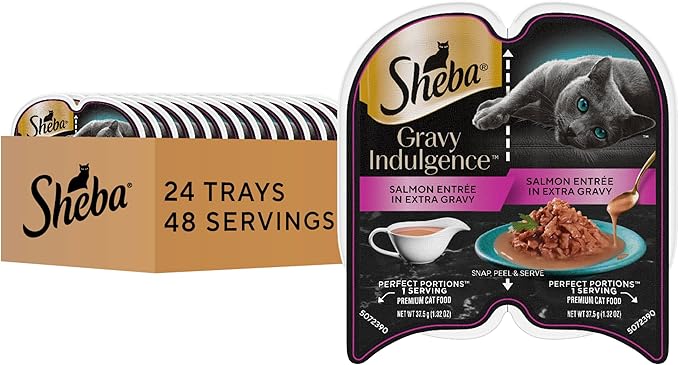 Sheba Gravy Indulgence Adult Wet Cat Food, Wet Food for Cats Salmon Entree in Extra Gravy, 2.6 oz. Twin-Pack Trays (24 Count, 48 Servings)