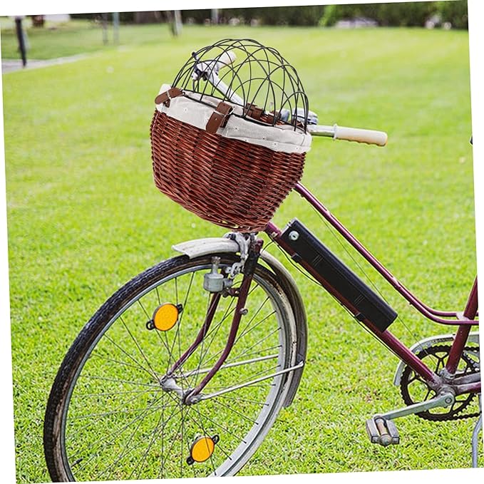 Wicker Dog Bicycle Carrier Detachable Front Bike Basket for Pets Stylish Rattan Storage with Wire Mesh Cover for Shopping and Commuting
