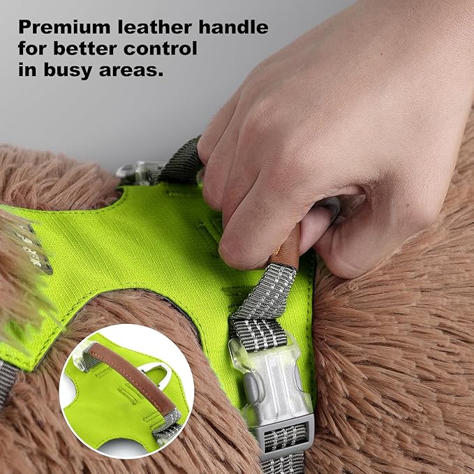 No Pull Dog Harness – Adjustable Reflective Nylon Vest for Small Medium Large Dogs, Escape Proof Training Harness with Leather Control Handle, Lightweight Aluminum Hardware (Green, M)