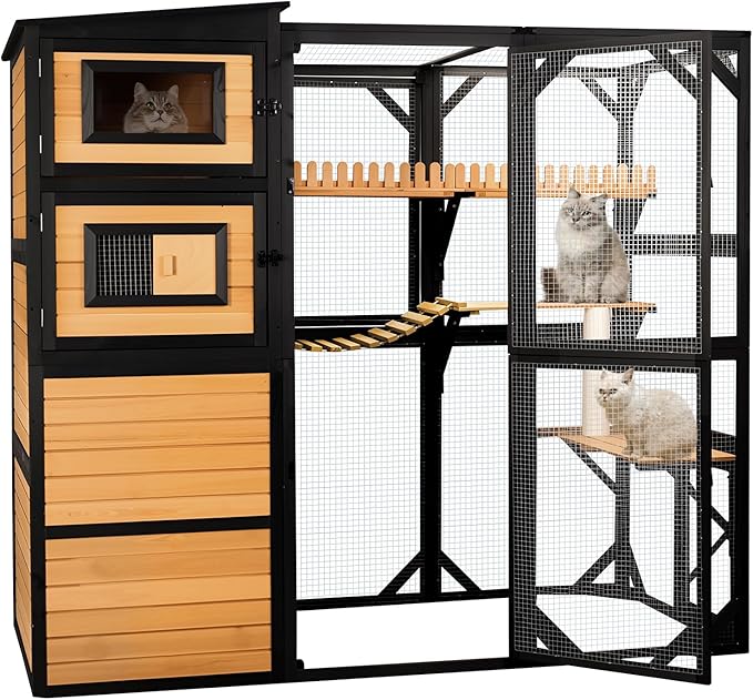Large Cat Catio Outdoor 4 Tiers Cat Enclosure Window Access, Walk-in Cat Cage Cat House for Multiple Indoor Outdoor Cats, Outside Patio 5 Doors Weatherproof Asphalt Roof & PVC Canopy Roof