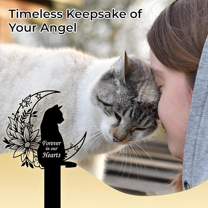 Cat Grave Marker Outdoor Memorial – 12in Metal Pet Memorial Plaque with Garden Moon Cat, Weatherproof Headstone for Yard or Indoor Tribute, Sympathy Gift for Loss of Pet