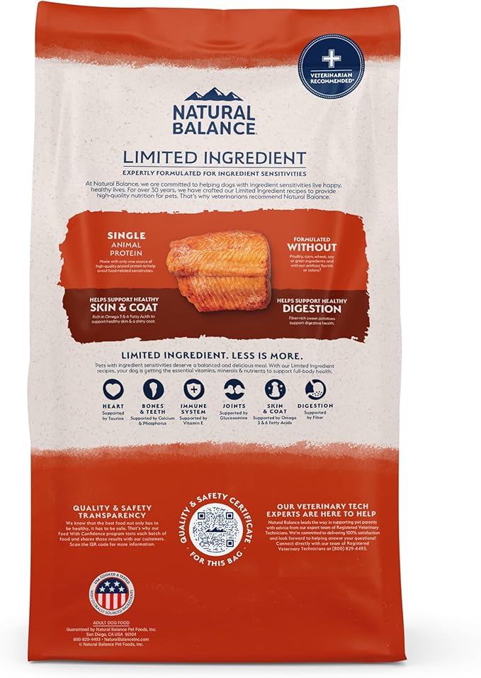 Natural Balance Limited Ingredient Adult Grain-Free Dry Dog Food, Salmon & Sweet Potato Recipe, Single Protein, Sensitive Stomach & Skin Support that is Vet Recommended, 24lb (Pk of 1)